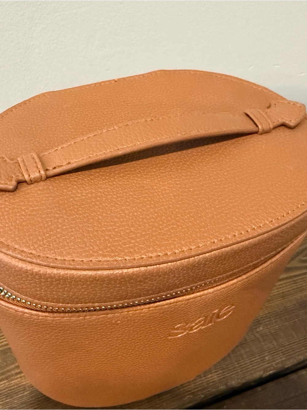 Saie Tan Leather Cosmetic Case with Top Handle - Picture 2 of 3